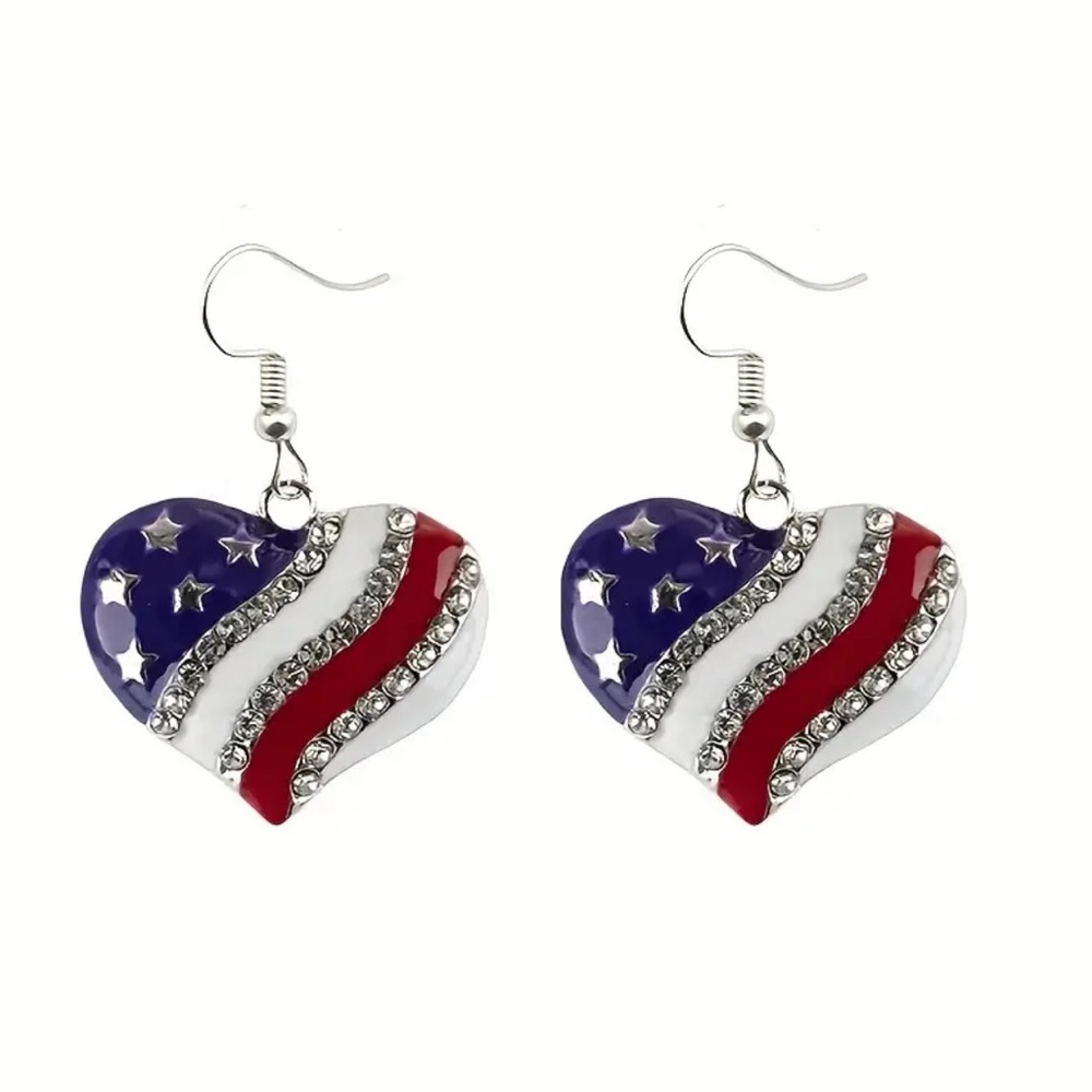NIP Americana Patriotic Flag USA Dangle Heart Earrings  Red/White/Blue/&Crystals